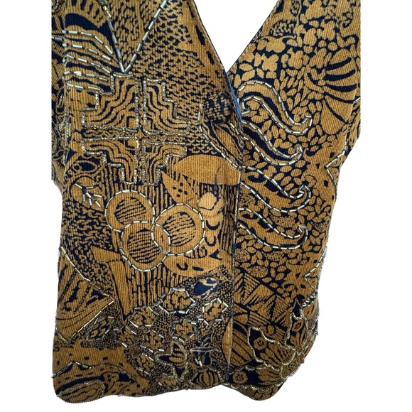 Vtg 90s Corduroy Beaded Vest Women's Brown Black Abstract Pattern Boho Waistcoat - Picture 5 of 6